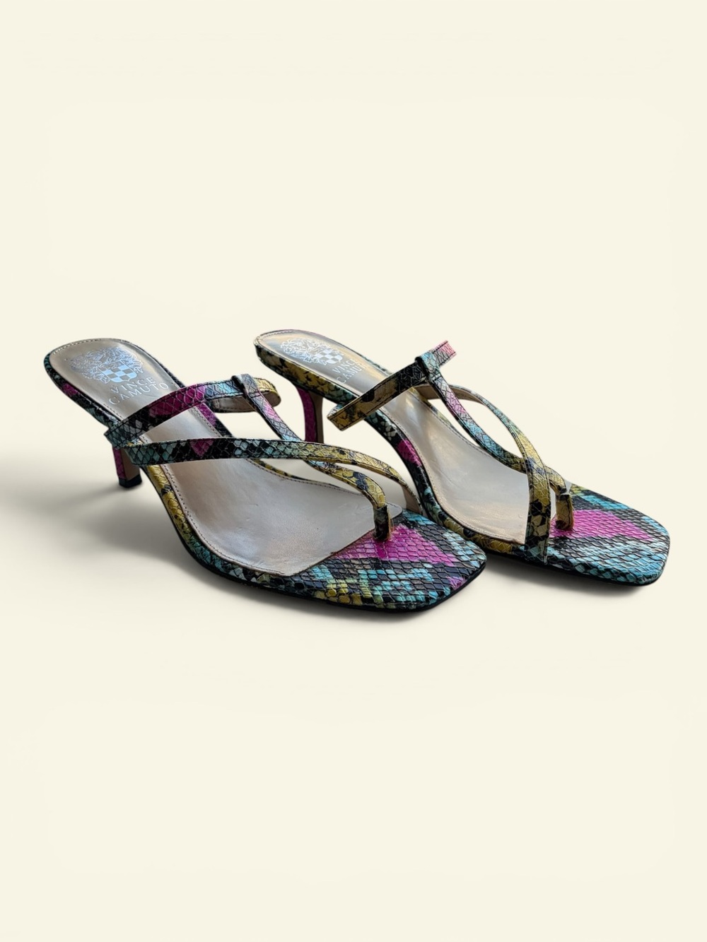 Vince Camuto Soraja Toe Thong Sandals Multi Snakeskin Kitten Heel Square Toe 8M
